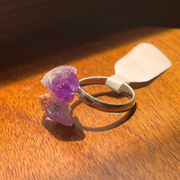Raw Amethyst Crystal Wrap Ring on Stainless Steel Setting Adjustable One Size - Picture 7 of 9